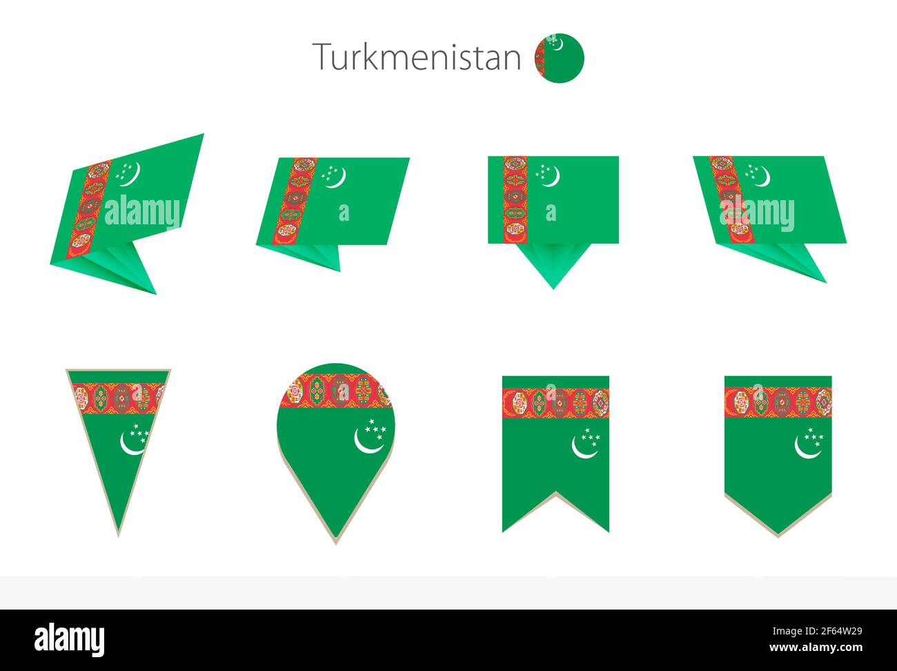 Turkmenistan national flag collection, eight versions of Turkmenistan vector flags. Vector illustration. Stock Vector