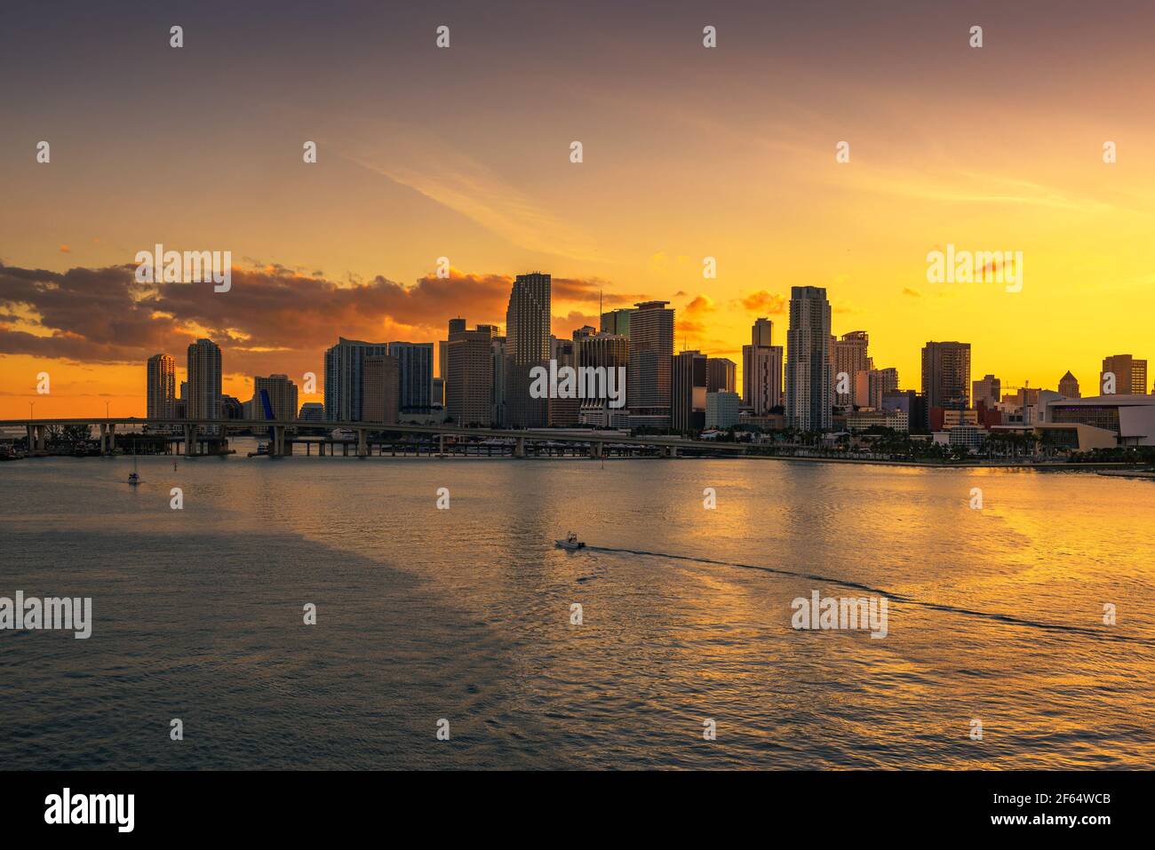 Sunset above Downtown Miami Skyline and Biscayne Bay Stock Photo