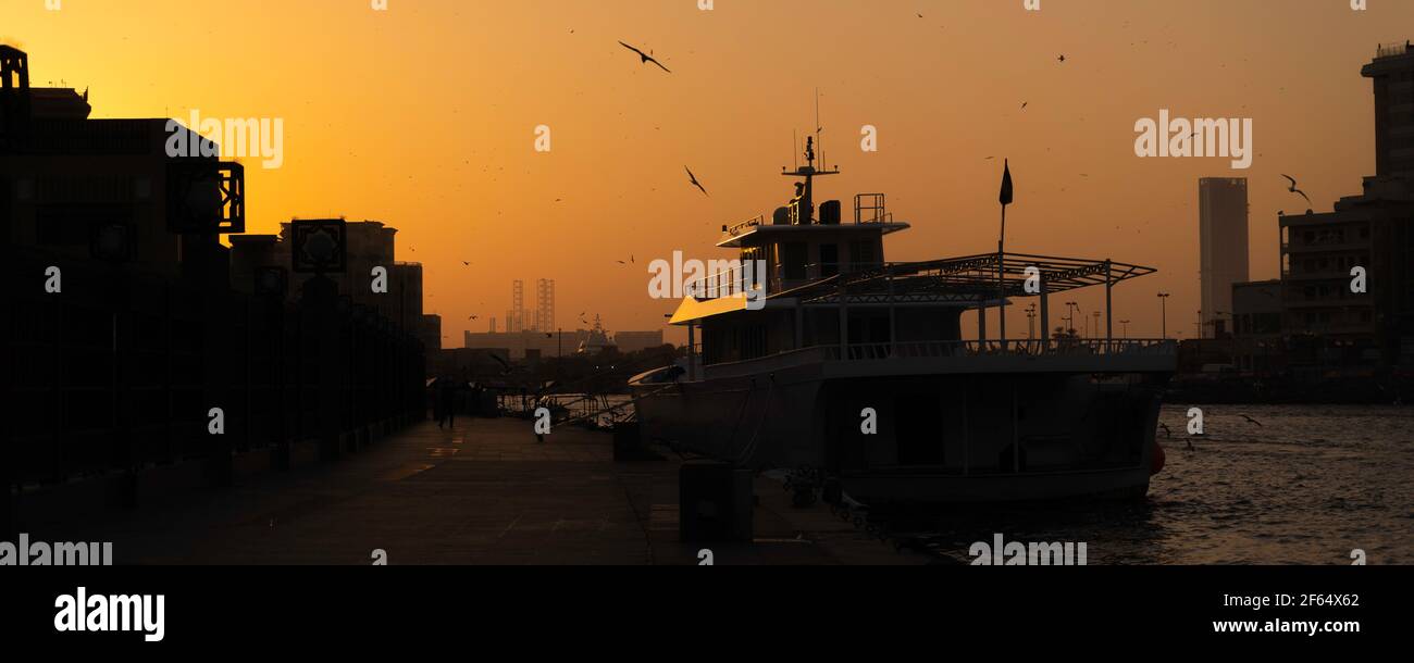 Sunset at Dubai Creek harbour Stock Photo