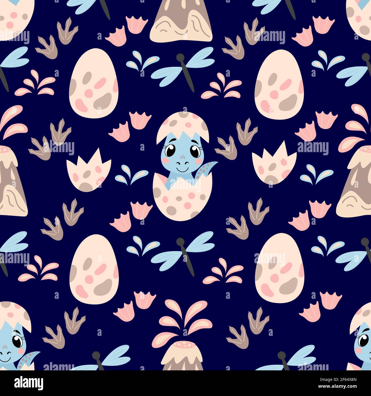Seamless pattern with a cute little dino and eggs Stock Vector