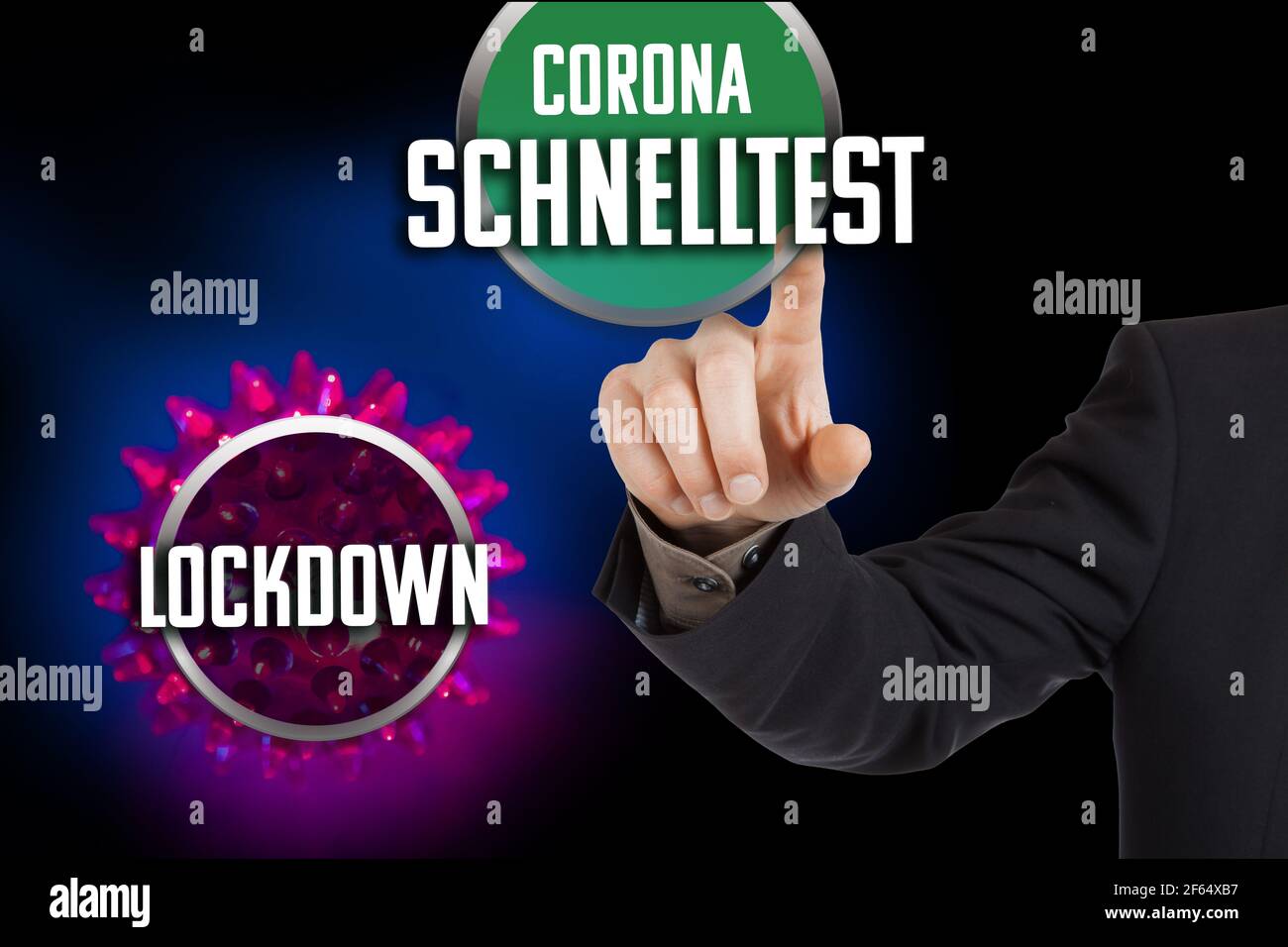 Concept Buttons with the Word Lockdown and the German word Corona