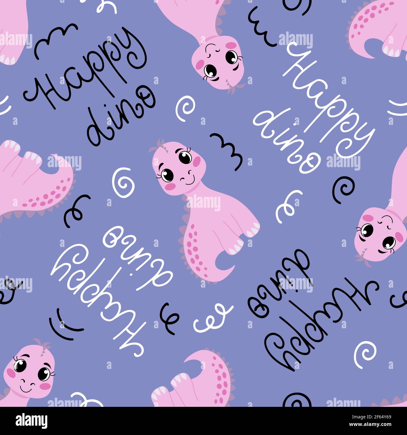 Seamless pattern with a cute dinosaur, lettering Stock Vector