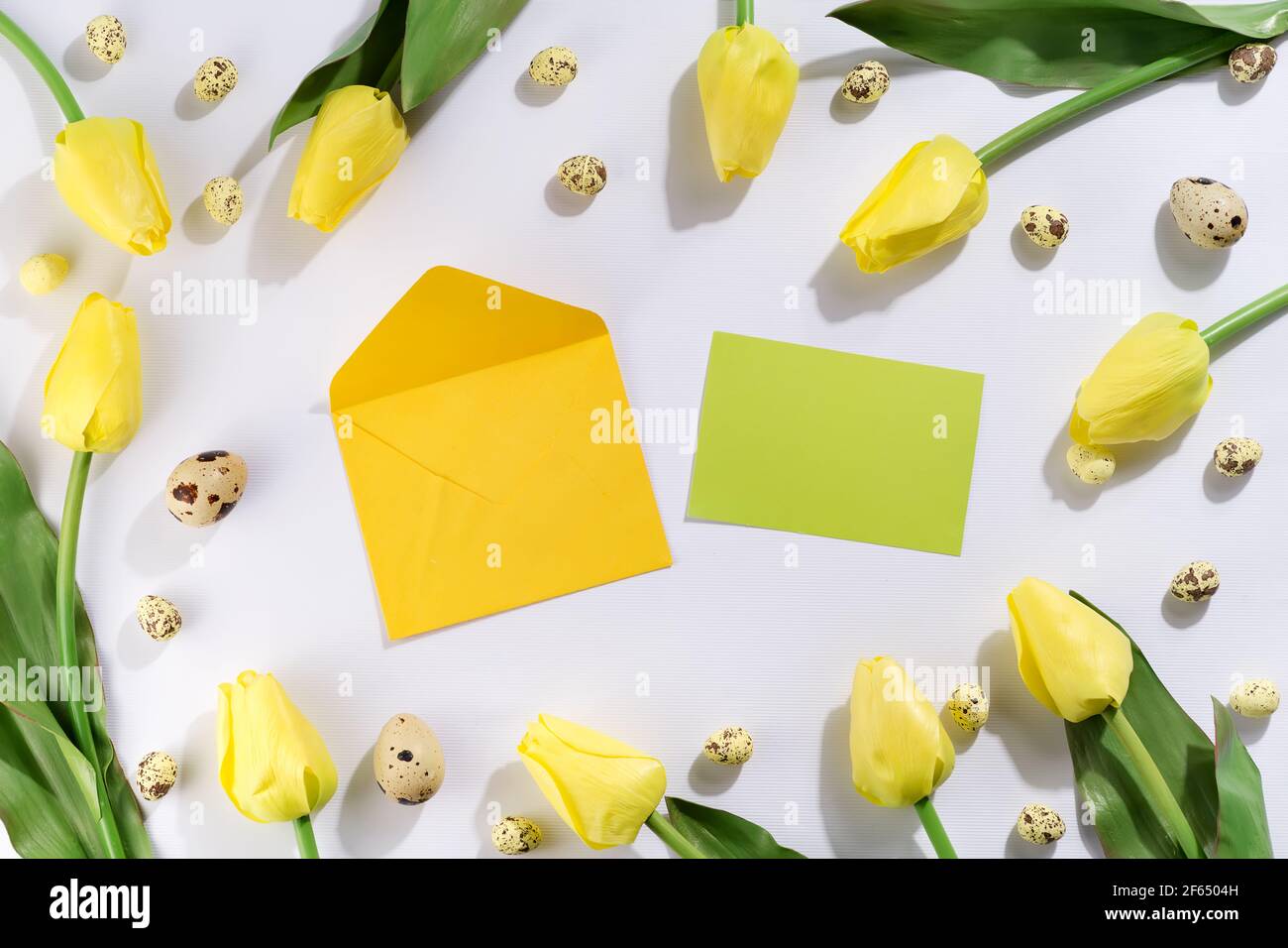 Colorful easter quail eggs and tulips with envelope on white background ...