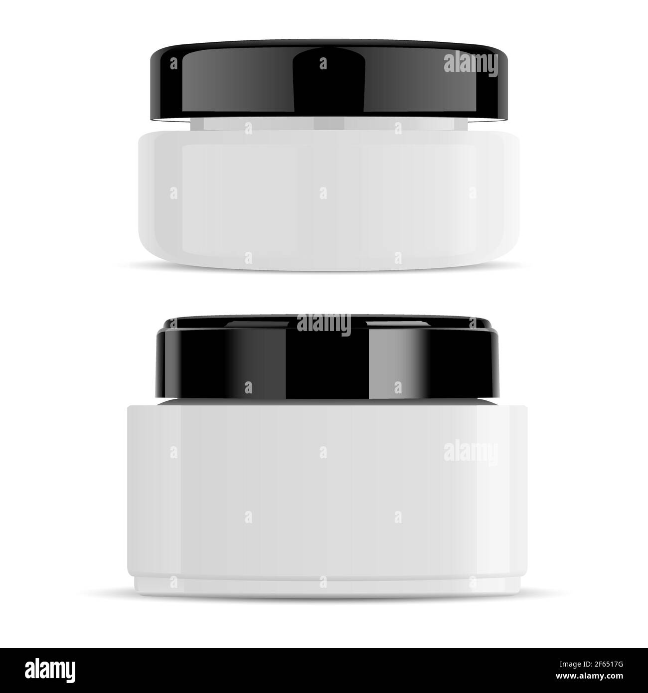 White cream jar black cap gloss container mockup. Body scrub beauty packaging, vector box. Creme