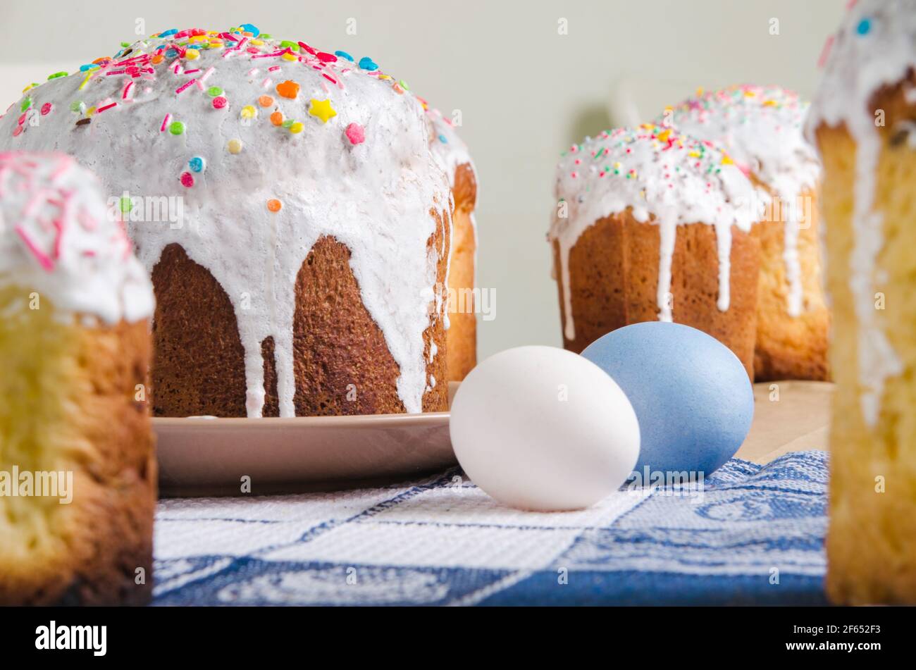 Festive Easter cakes with decorations and easter eggs Stock Photo