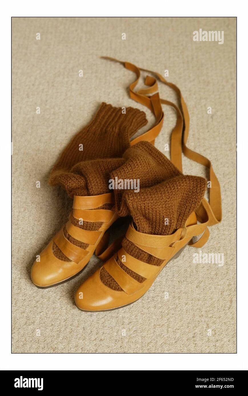 Ethical Shoes Tested by Kate FinneganJana, tan, Terra Plana (brown and knit  long boot) pic David Sandison 13/4/2005 Stock Photo - Alamy