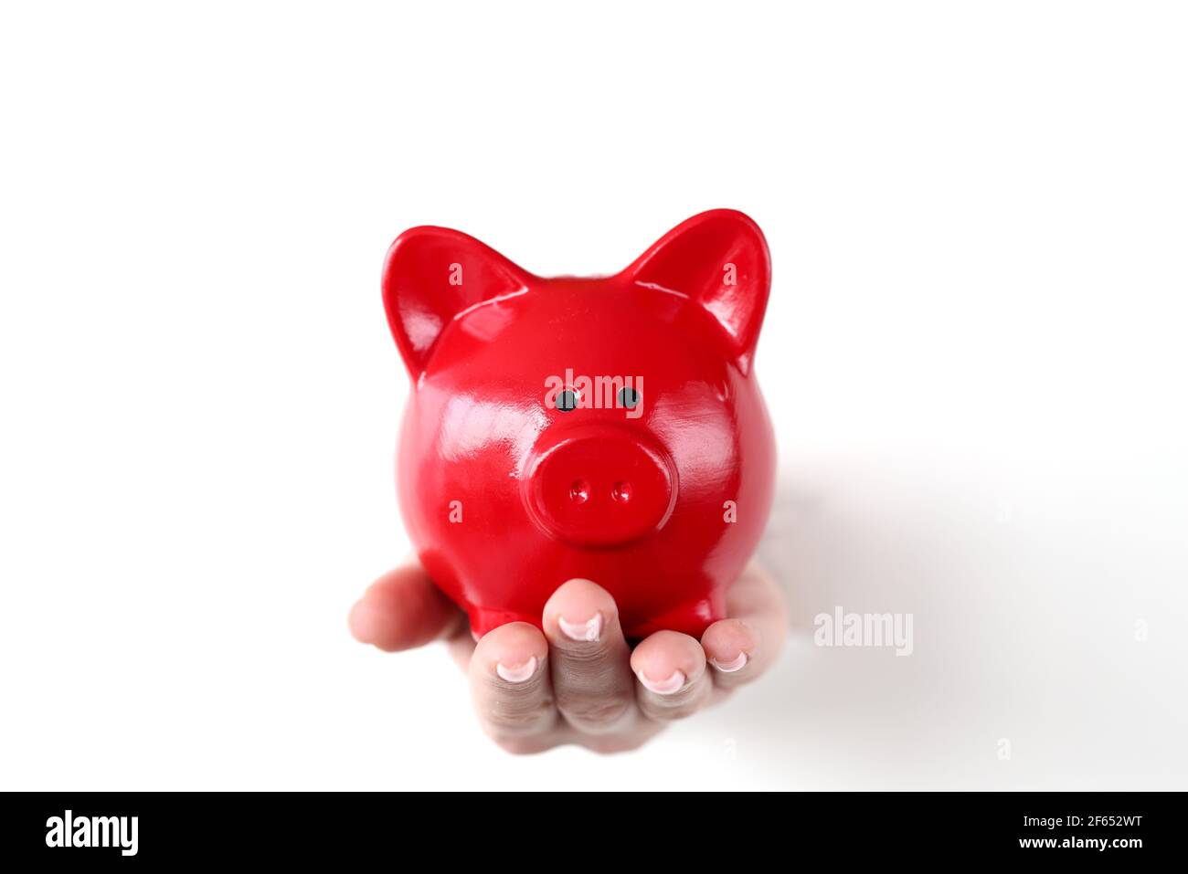 Hand holds red pig piggy bank through hole in white paper Stock Photo