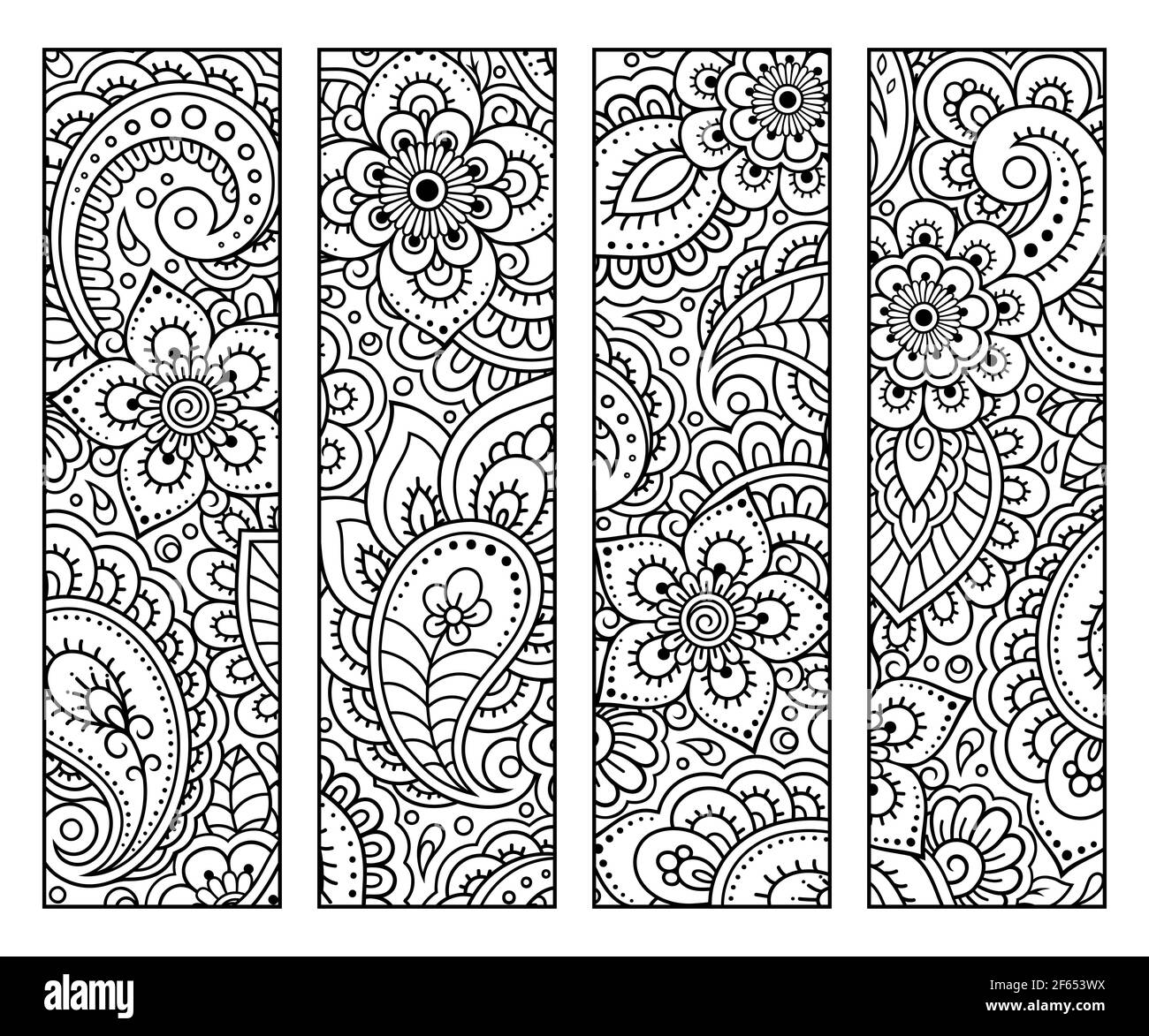 Bookmark for book - coloring. Set of black and white labels with floral doodle patterns, hand draw in mehndi style. Sketch of ornaments for creativity Stock Photo