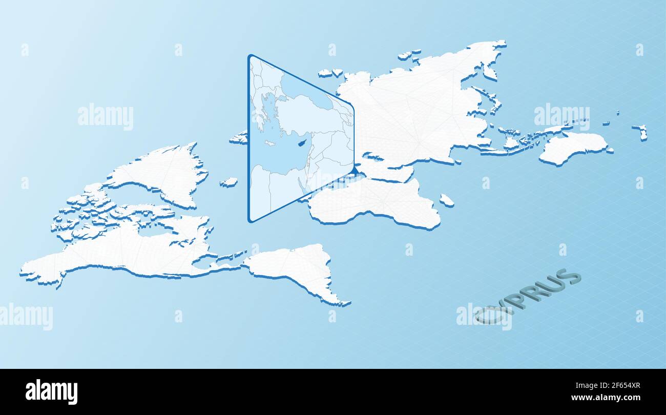 World Map in isometric style with detailed map of Cyprus. Light blue Cyprus map with abstract World Map. Vector illustration. Stock Vector