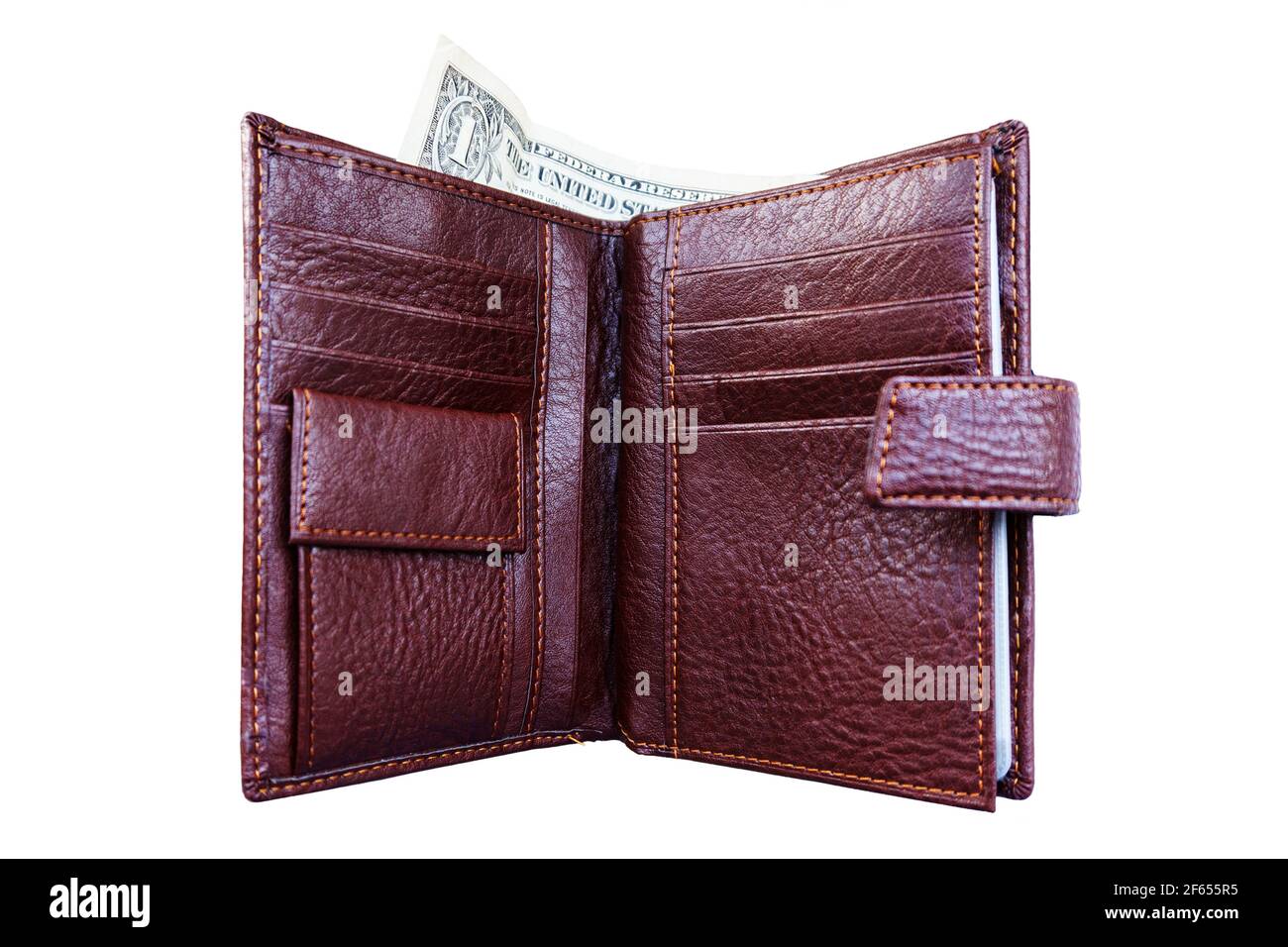 open men's wallet with one dollar isolated on white background Stock Photo