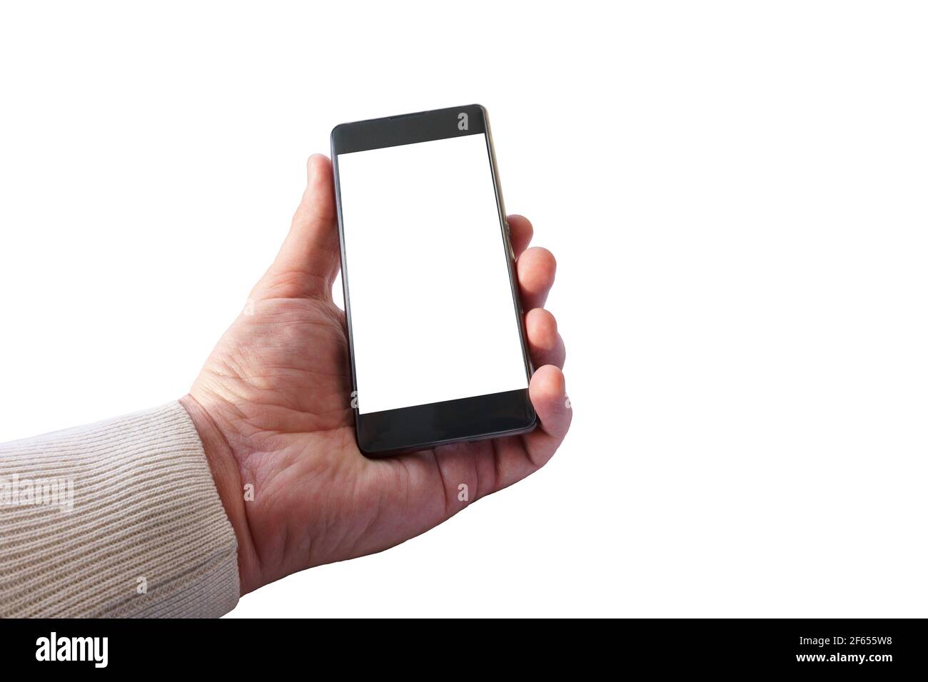 male hand holding smartphone with blank screen for pattern. Isolated on ...