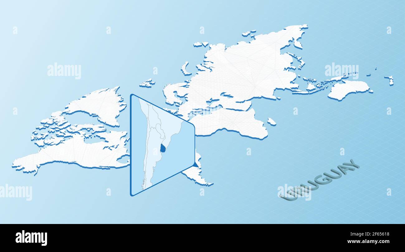 World Map in isometric style with detailed map of Uruguay. Light blue Uruguay map with abstract World Map. Vector illustration. Stock Vector
