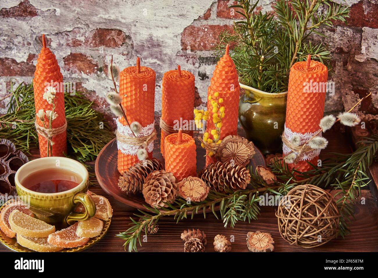 Decorative candles made of beeswax with a honey aroma for interior and