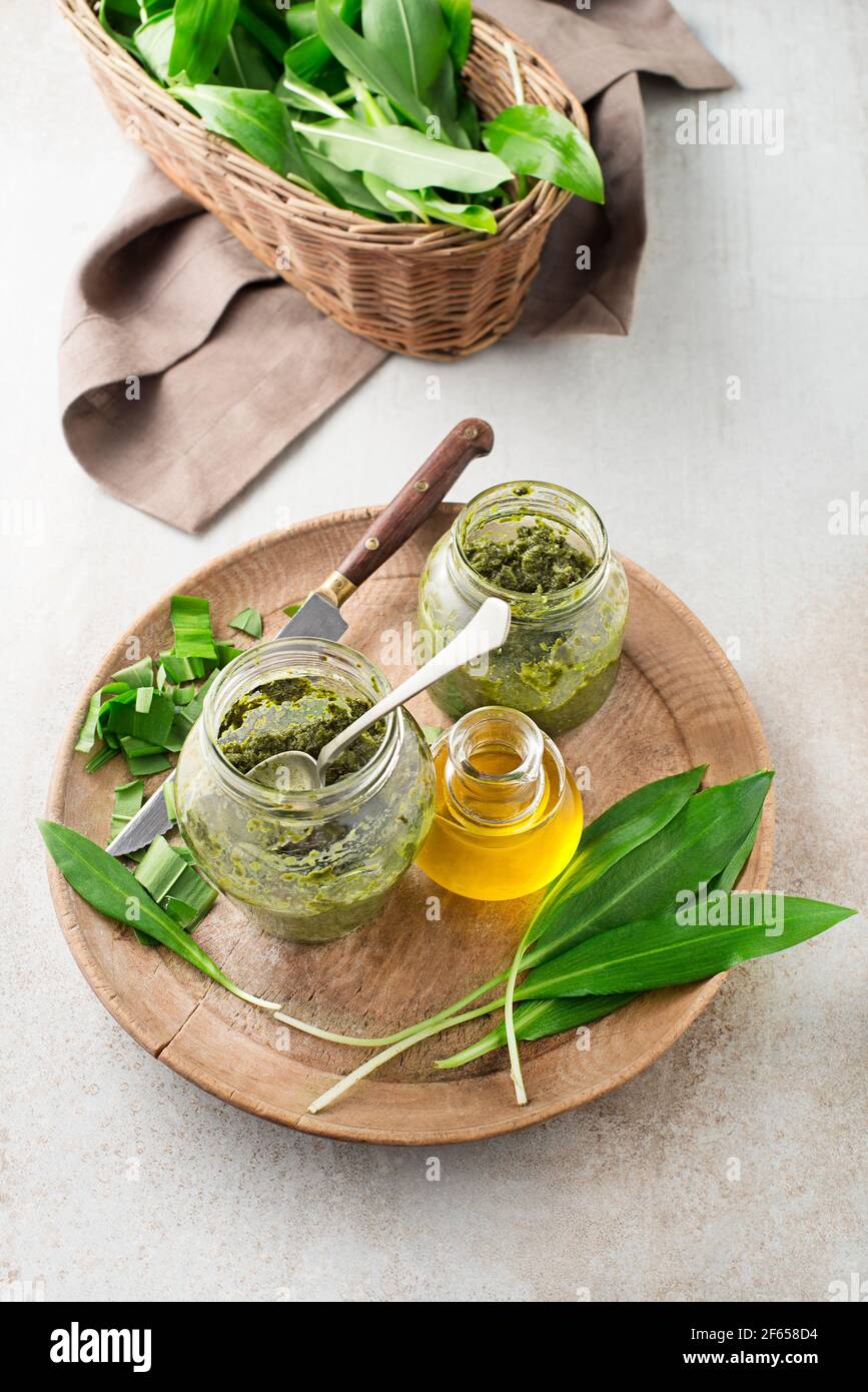 Making Fresh ramson or wild garlic pesto. Healthy spring food concept Stock Photo