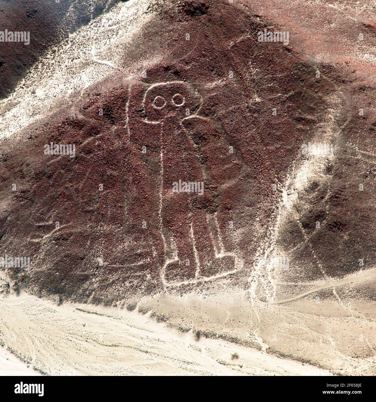 The spaceman or space man, Nazca or Nasca mysterious lines and geoglyphs aerial view, landmark in Peru Stock Photo