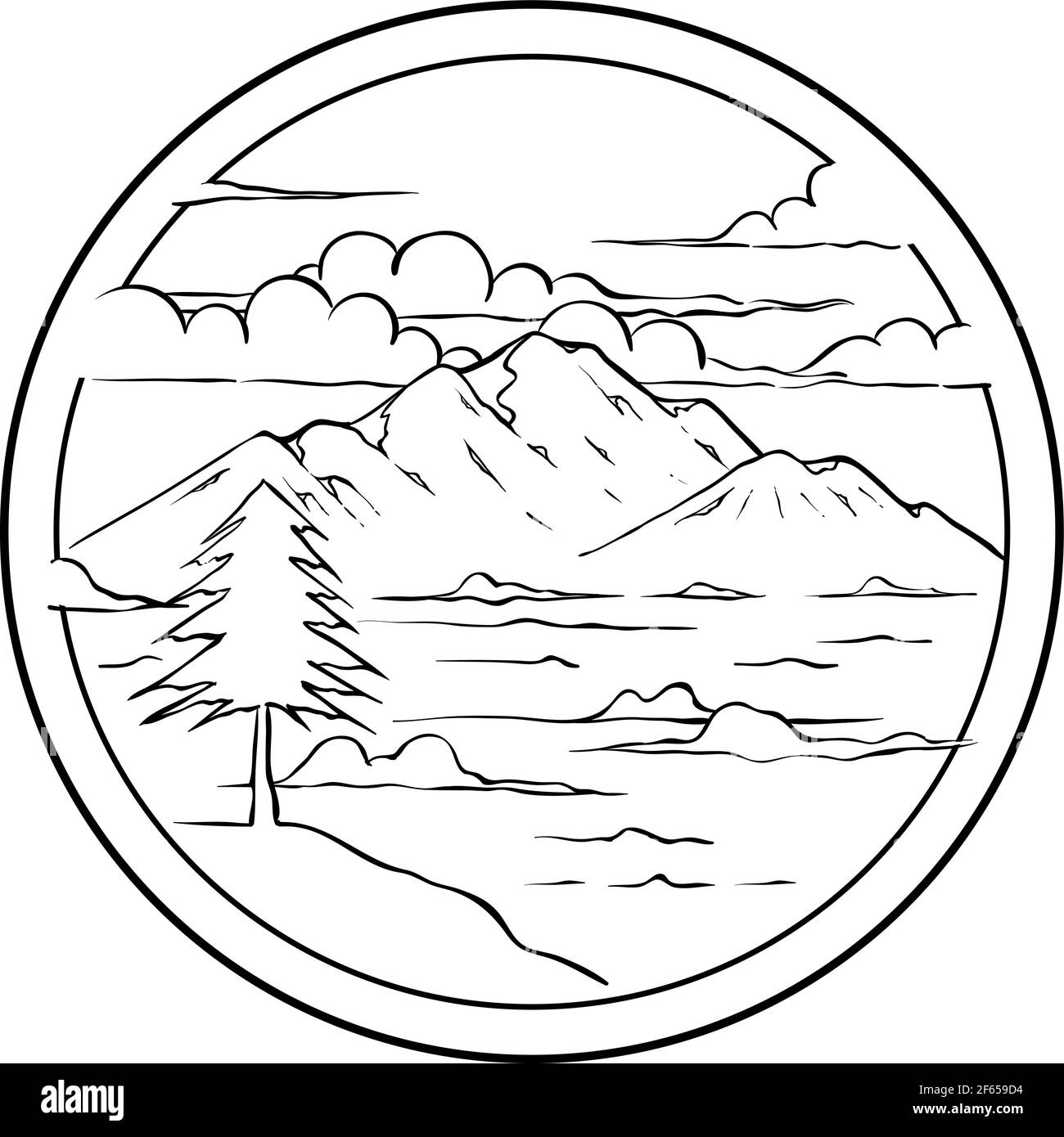 Black and white mountain hand drawn illustration. Logo template Stock