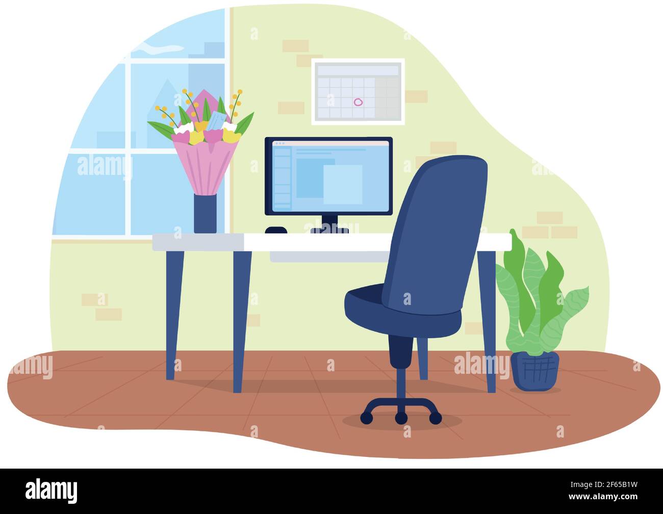 Workplace with flowers in vase 2D vector web banner, poster Stock Vector