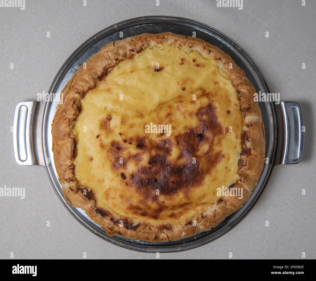 Parisian Flan, cutted classic tart served on a plate copy space Stock Photo