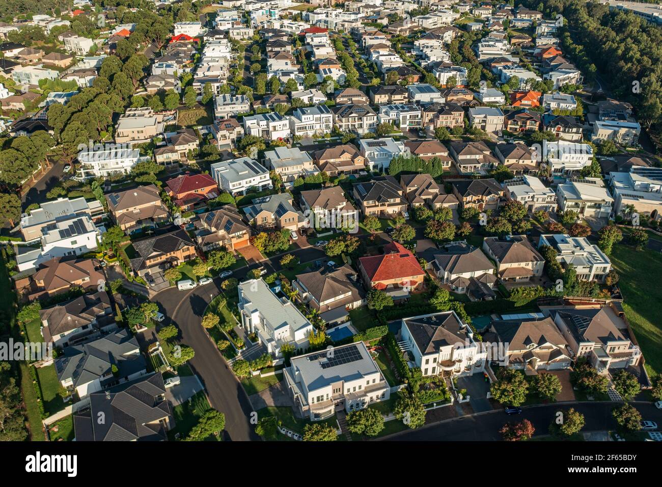 High angle aerial view of an upmarket houses and streets, north west