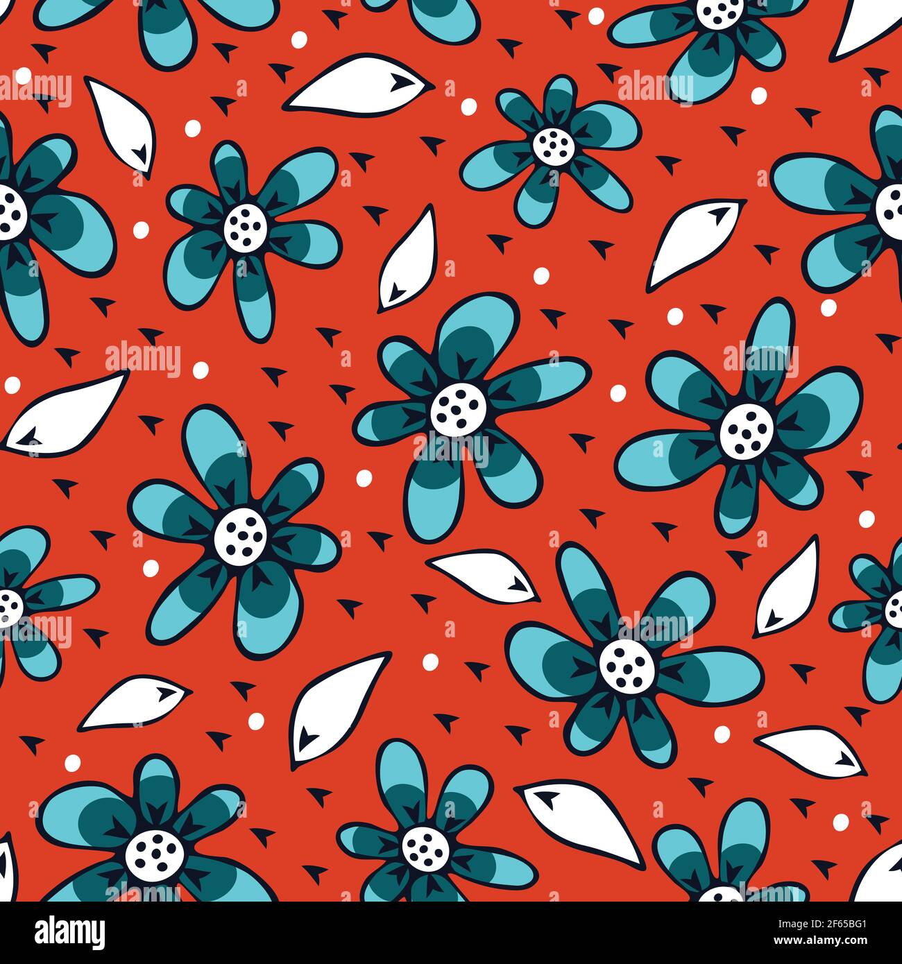 Seamless vector pattern with blue flowers on red background. Simple
