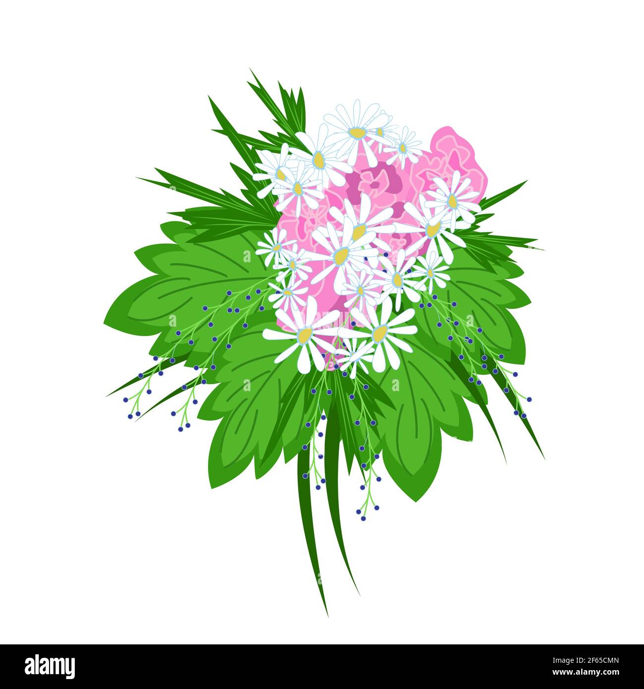 Big lush bouquet of daisies decorated with green tropical leaves, beautiful flowers as a gift, floral arrangement in flat style, vector Stock Vector