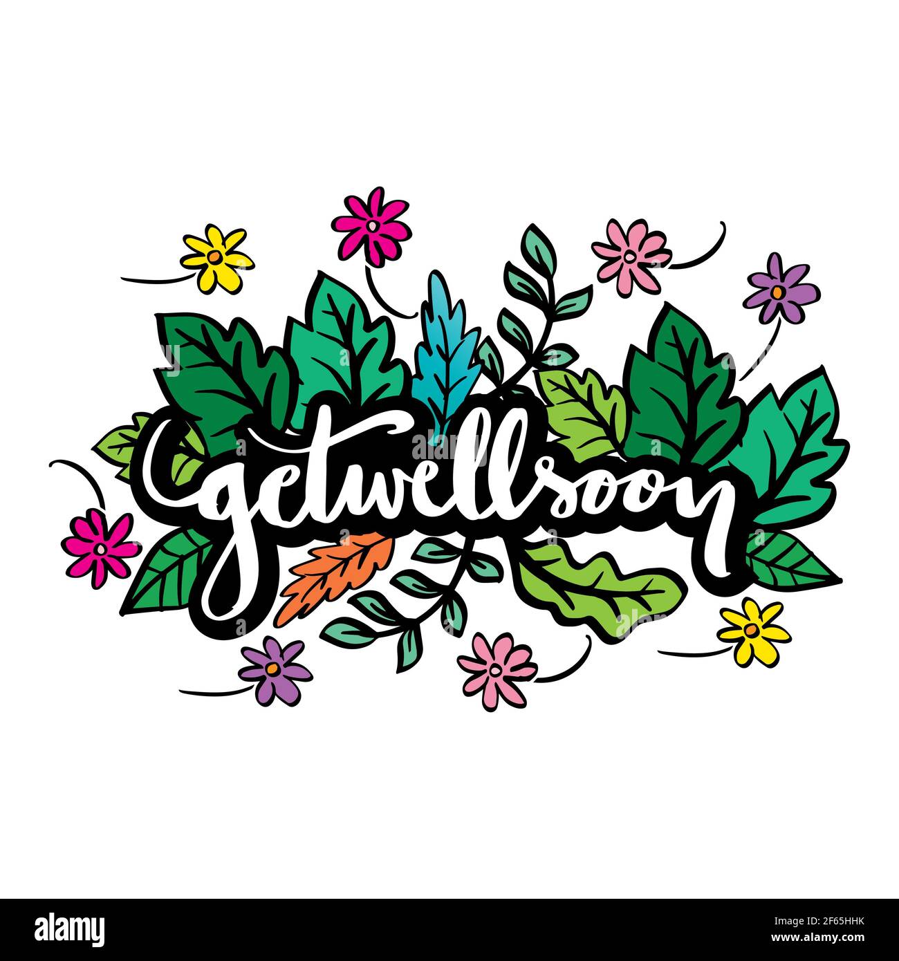 Get well soon card decorated with hand drawn flowers. Stock Photo