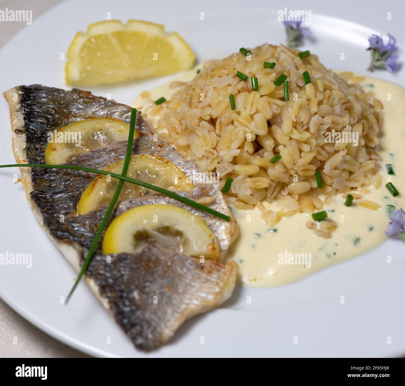 Lemon spiked sea bream fillet, cooked wheat risotto  Stock Photo