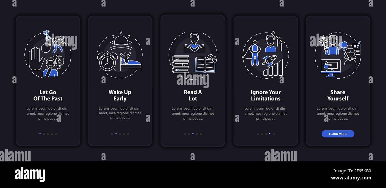 Self-development tips onboarding mobile app page screen with concepts Stock Vector
