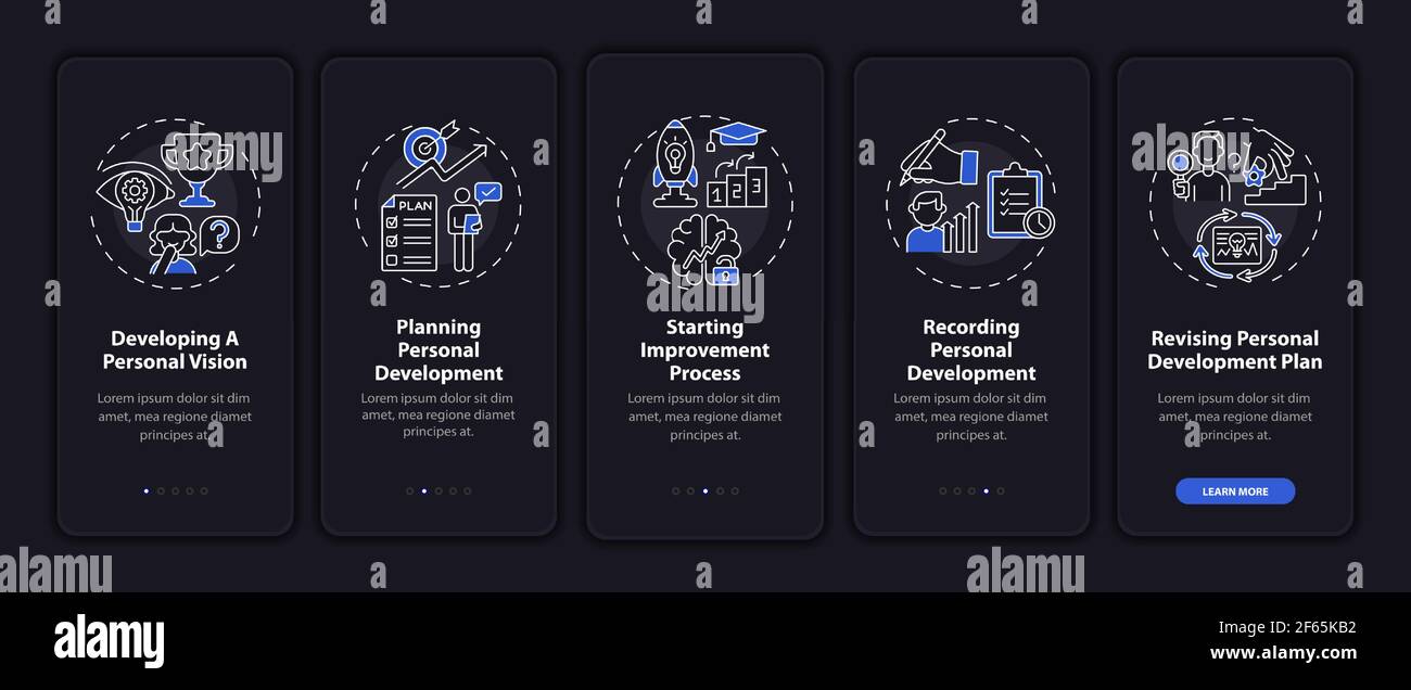 Personal development steps onboarding mobile app page screen with concepts Stock Vector