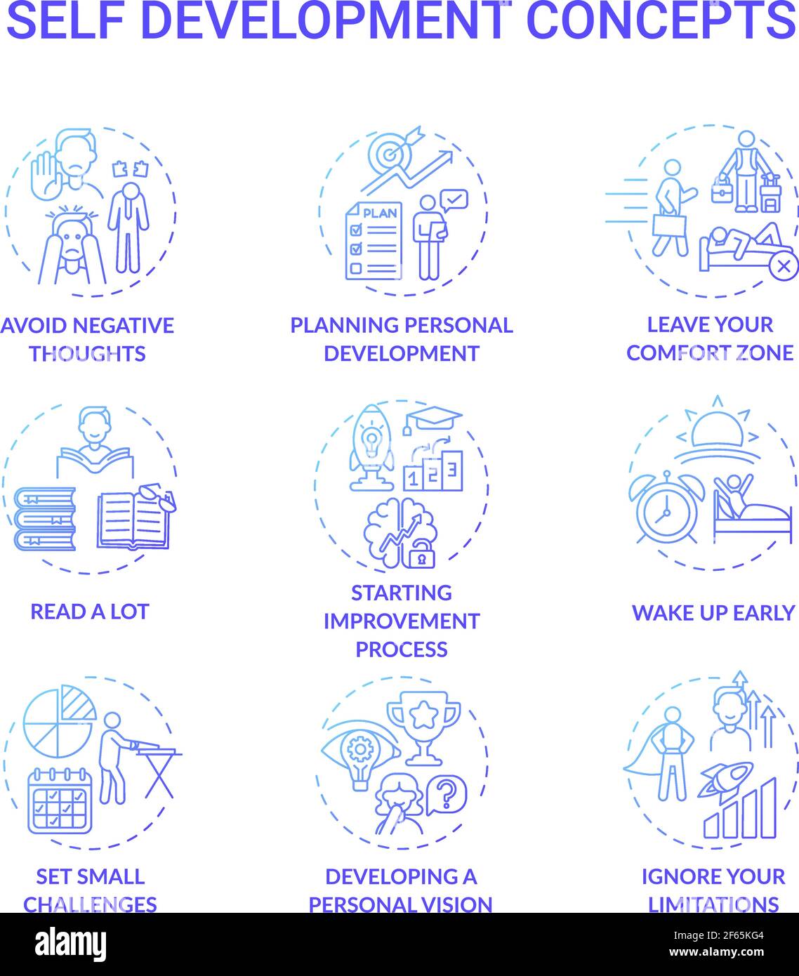Self development blue gradient concept icons set Stock Vector