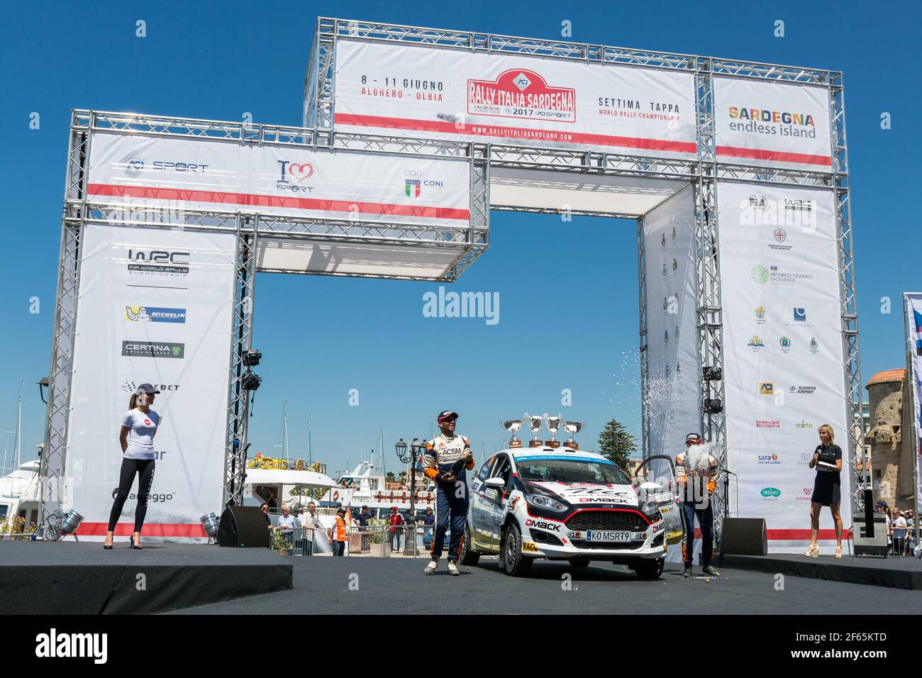 SOLANS BALDO Nil (esp) and IBANEZ SOTO Miquel (esp) NIL SOLANS BALDO, FORD  FIESTA R2, WRC3 JWRC ambiance podium during the 2017 WRC World Rally Car  Championship, rally of Italia Sardegna from