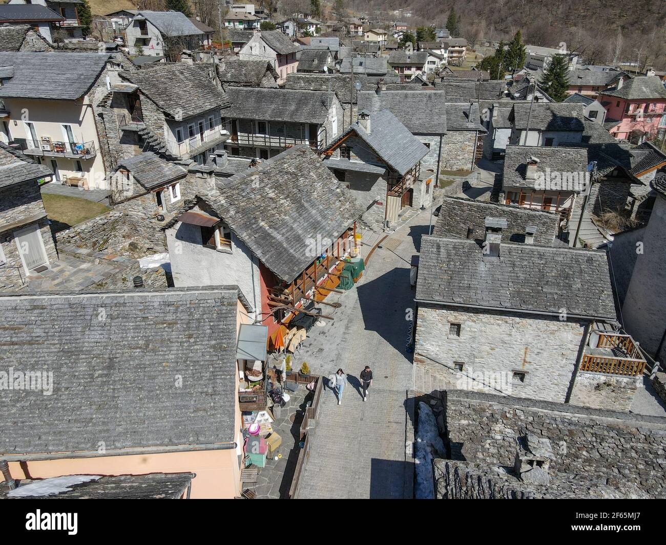 Sonogno, Switzerland - 24 March 2021: The village of Sonogno on Verzasca valley in the Swiss alps Stock Photo