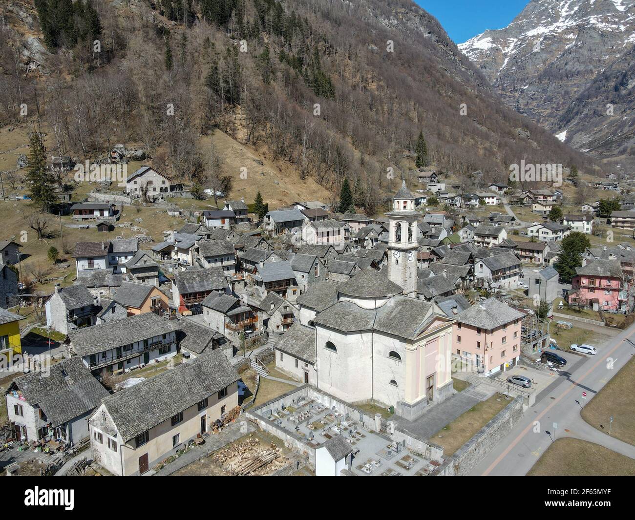 The village of Sonogno on Verzasca valley in the Swiss alps Stock Photo