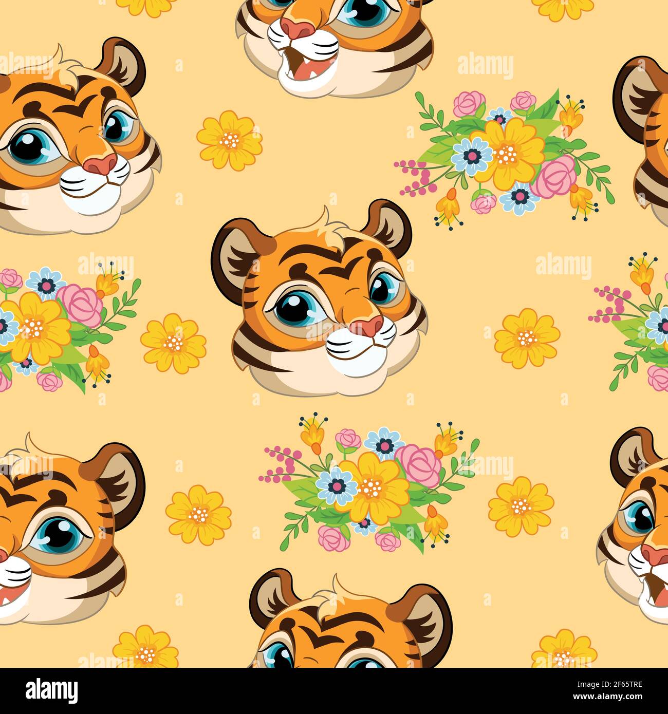 Seamless pattern with cute tigers heads and flowers on orange background. Vector illustration for party, print, baby shower, wallpaper, design, decor, Stock Vector