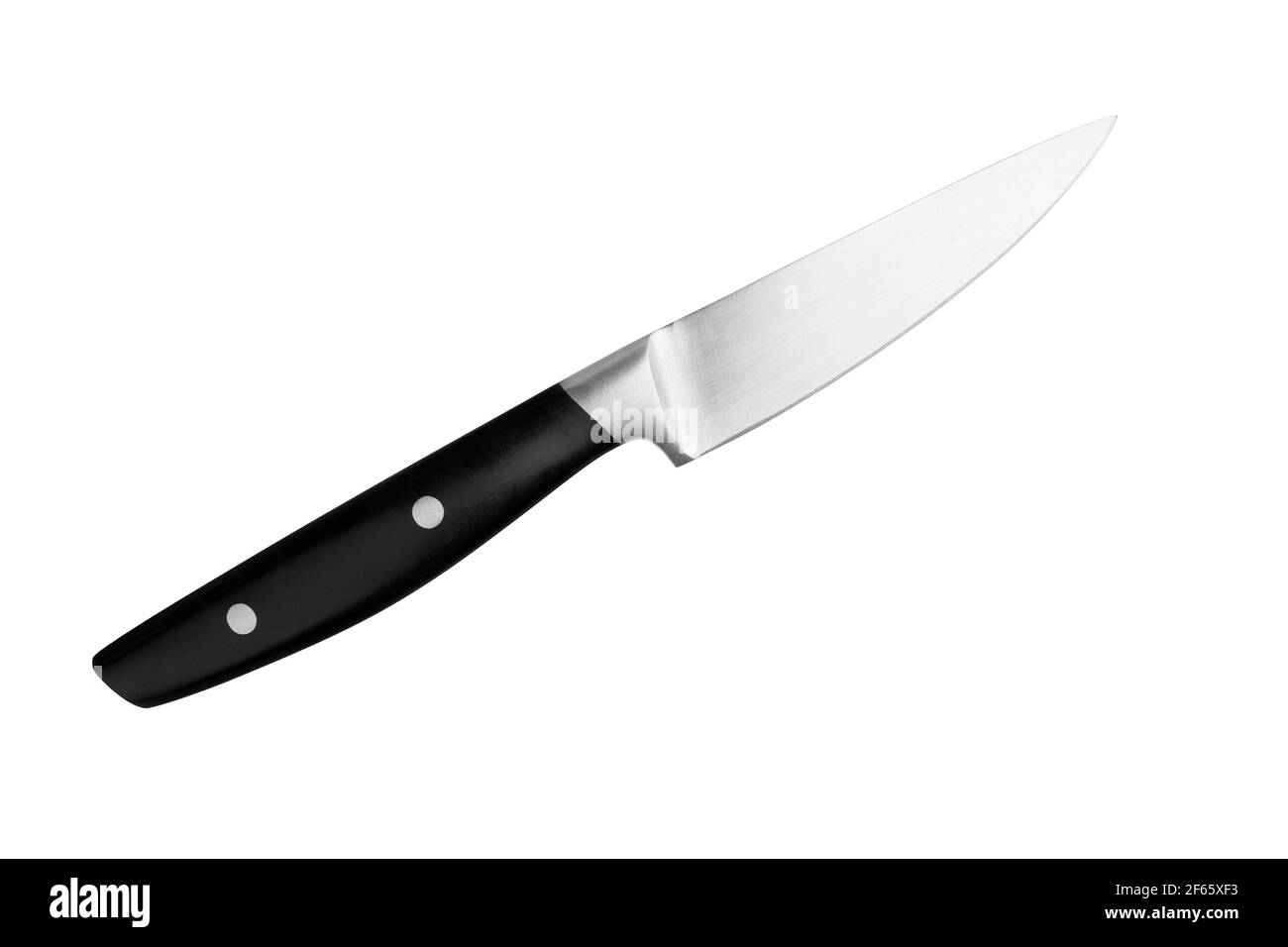 Steel paring knife with black plastic handle white background isolated closeup, metal chef knife, sharp stainless blade, carving knife, cooking food Stock Photo