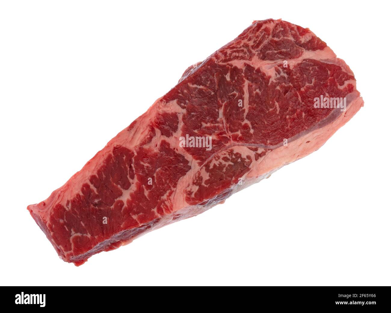Beef loin boneless end cut strip steak top view on a white background