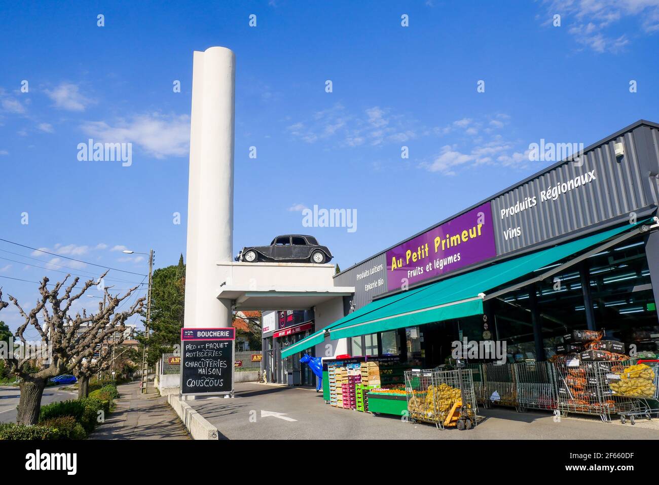 Transformed gas-station, Former Nationale 7 road, RN7, Montelimar, Drome, France Stock Photo