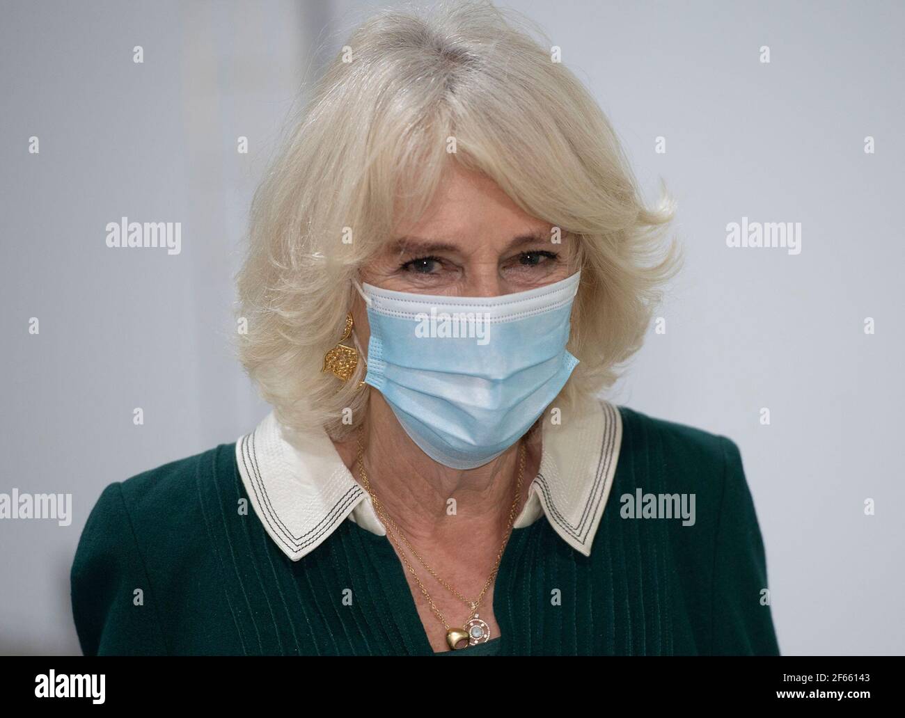 The Duchess of Cornwall wearing a mask during a visit to the Kamsons Pharmacy head office and warehouse in Uckfield, East Sussex, to thank frontline workers. Picture date: Tuesday March 30, 2021. Stock Photo