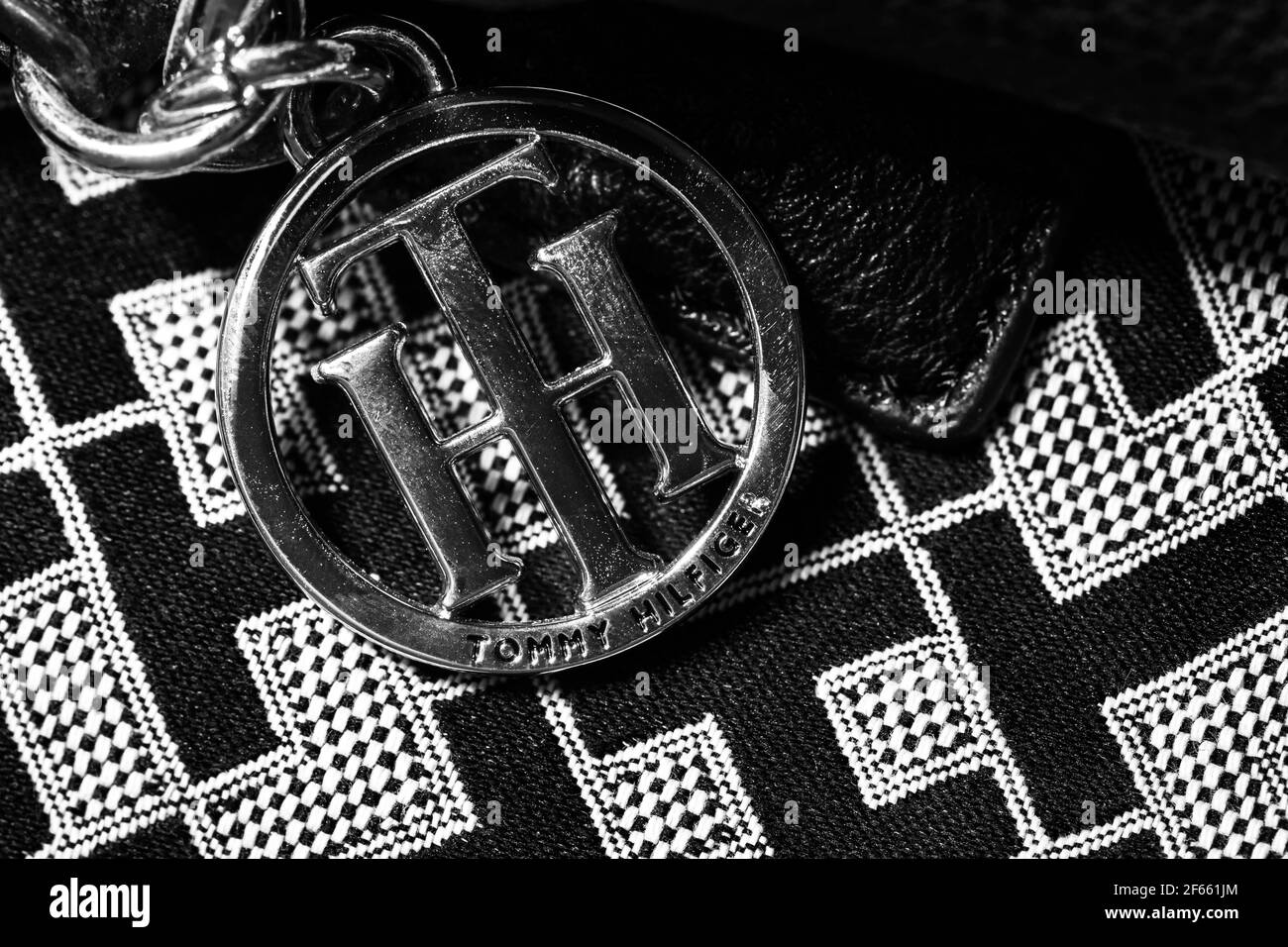 Macro selective focus on details of Tommy Hilfiger women bag. Bucharest, Romania, 2021 Stock Photo
