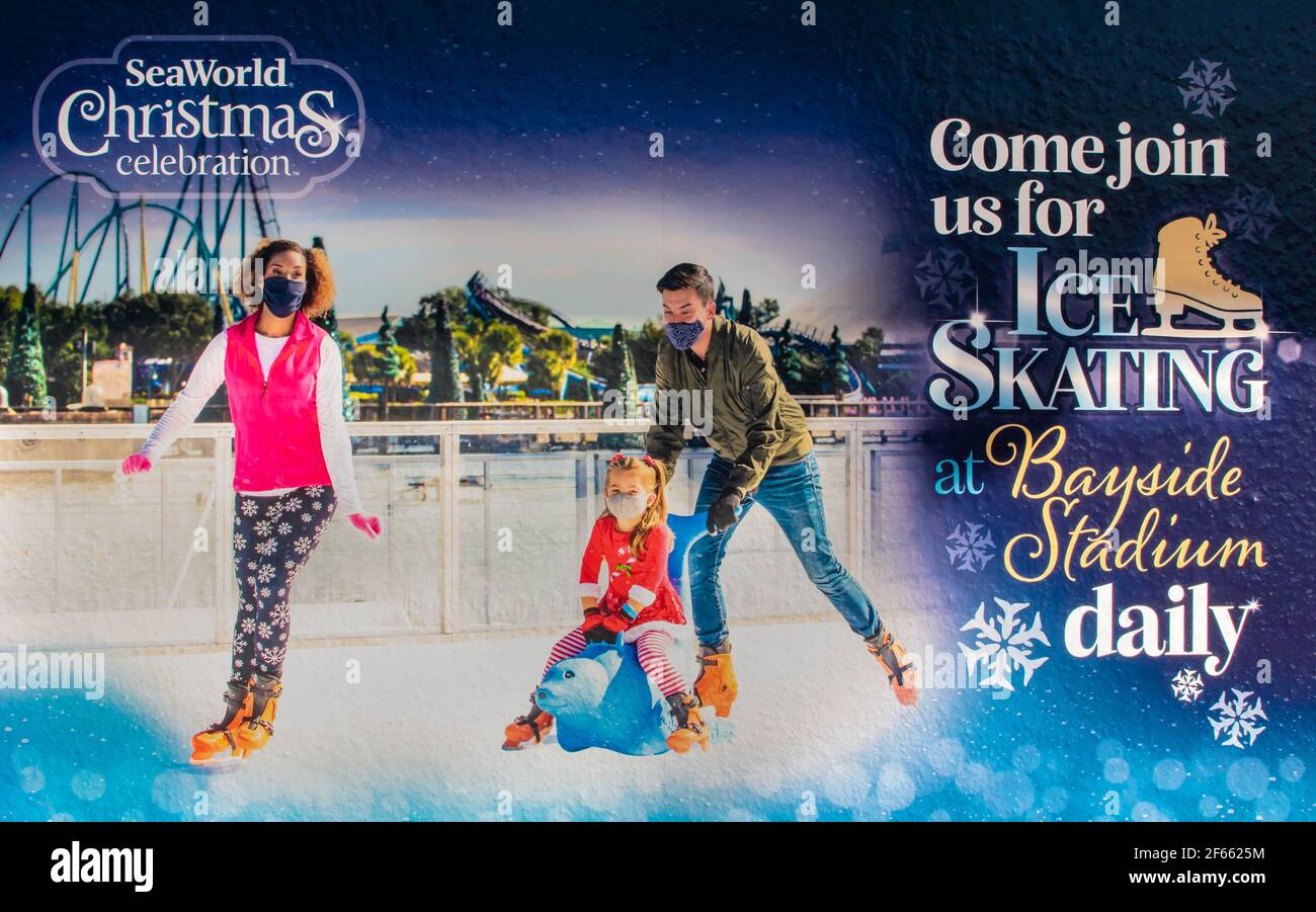 Orlando, Florida. December 22, 2020. People skating on ice rink at Seaworld (82) Stock Photo