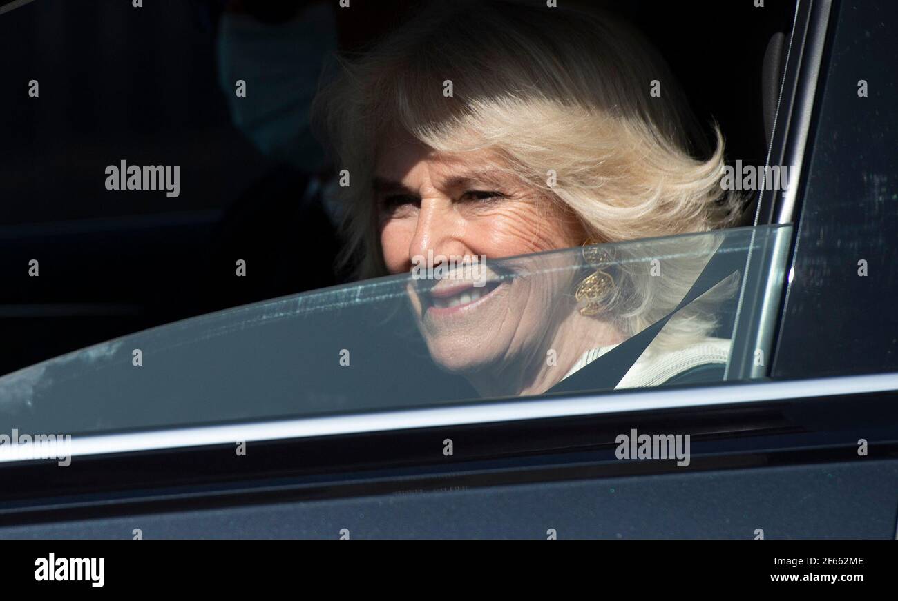 The Duchess of Cornwall leaving the Kamsons Pharmacy head office and warehouse in Uckfield, East Sussex, after meeting and thanking frontline workers. Picture date: Tuesday March 30, 2021. Stock Photo