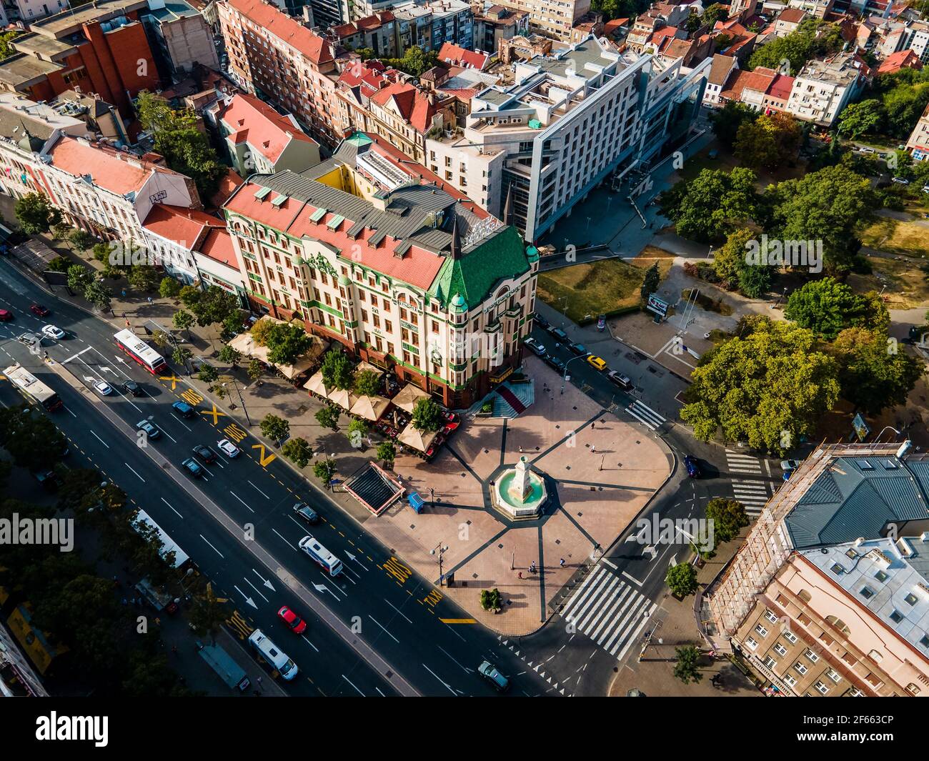Belgrade, Serbia - September 25, 2020: Aerial view of the Terazije Square in Belgrade downtown of the Serbian capital city at sunrise Stock Photo