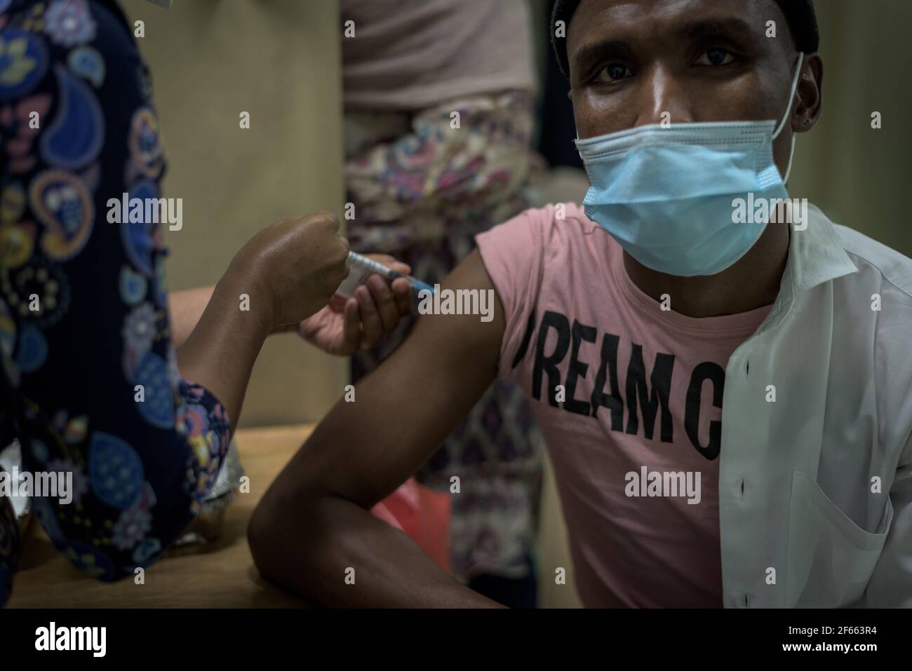 South African health workers receiving the Johnson & Johnson COVID-19 jab as part of the Sisonke vaccine trial at Cape Town's Groote Schuur hospital Stock Photo