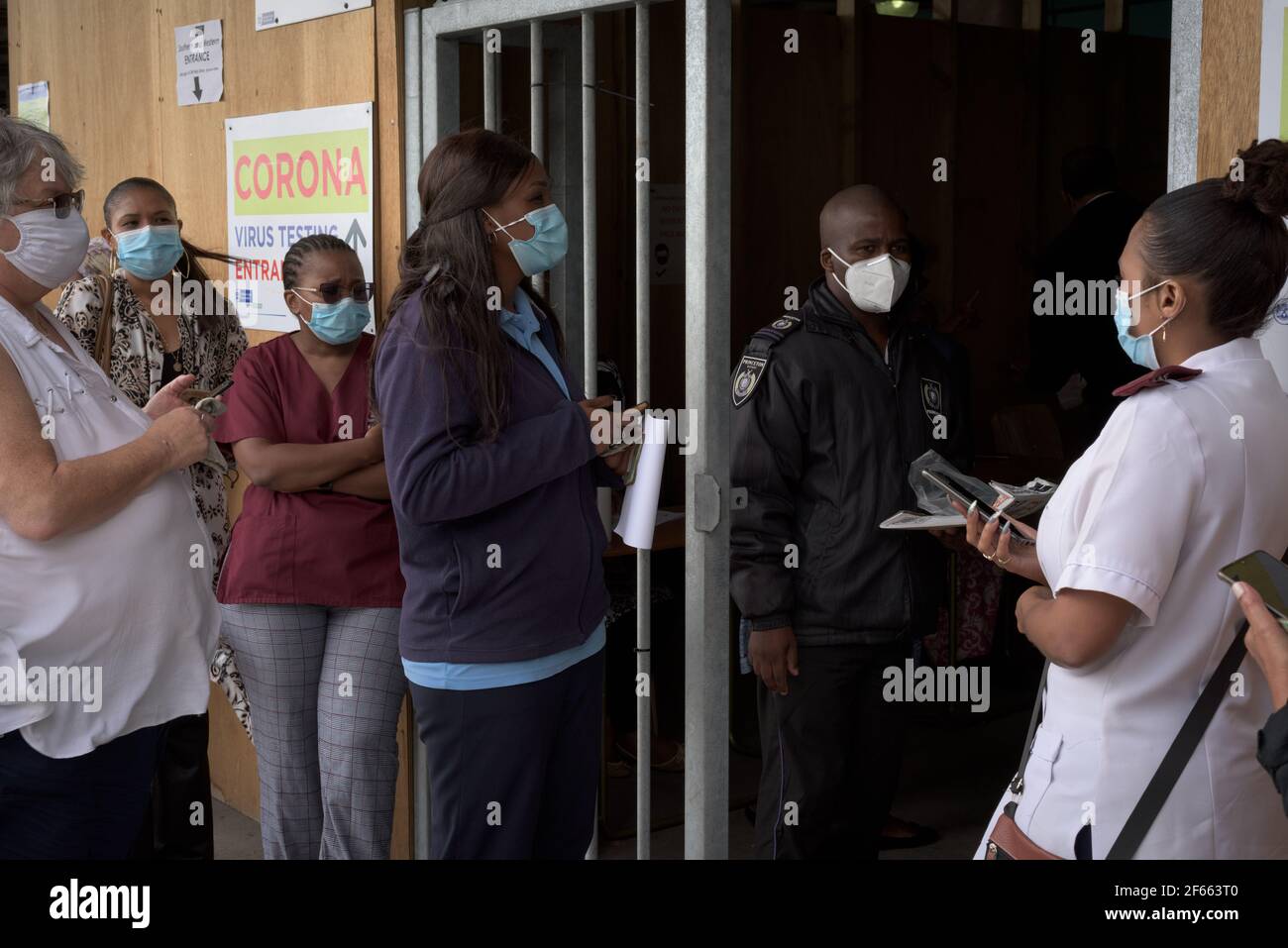 Health care workers at Cape Town's Groote Schuur hospital queue for vaccinations of the Johnson & Johnson COVID-19 vaccine Stock Photo