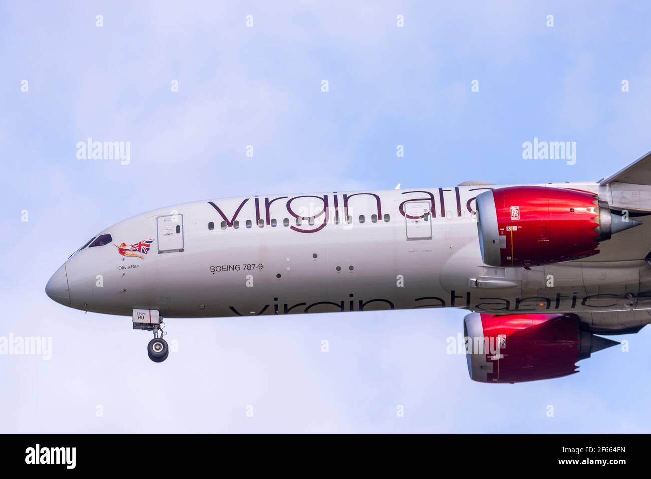 Virgin Atlantic Boeing 787 Dreamliner jet airliner plane G-VCRU on finals to land at London Heathrow Airport, UK. Named Olivia Rae Stock Photo