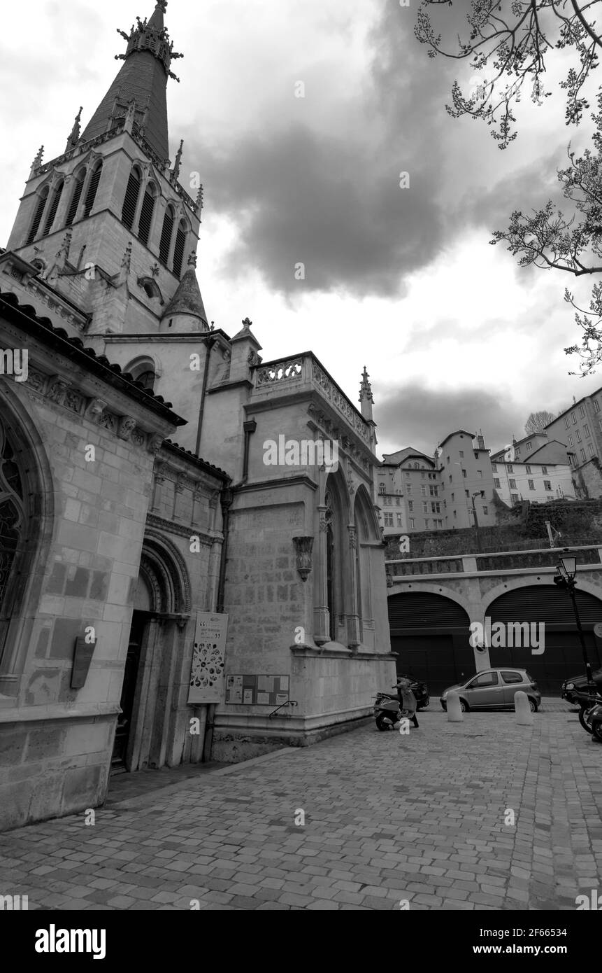 Église Saint-Paul - Chapelle Sainte Marguerite in Vieux Lyon, France. B&W. Stock Photo
