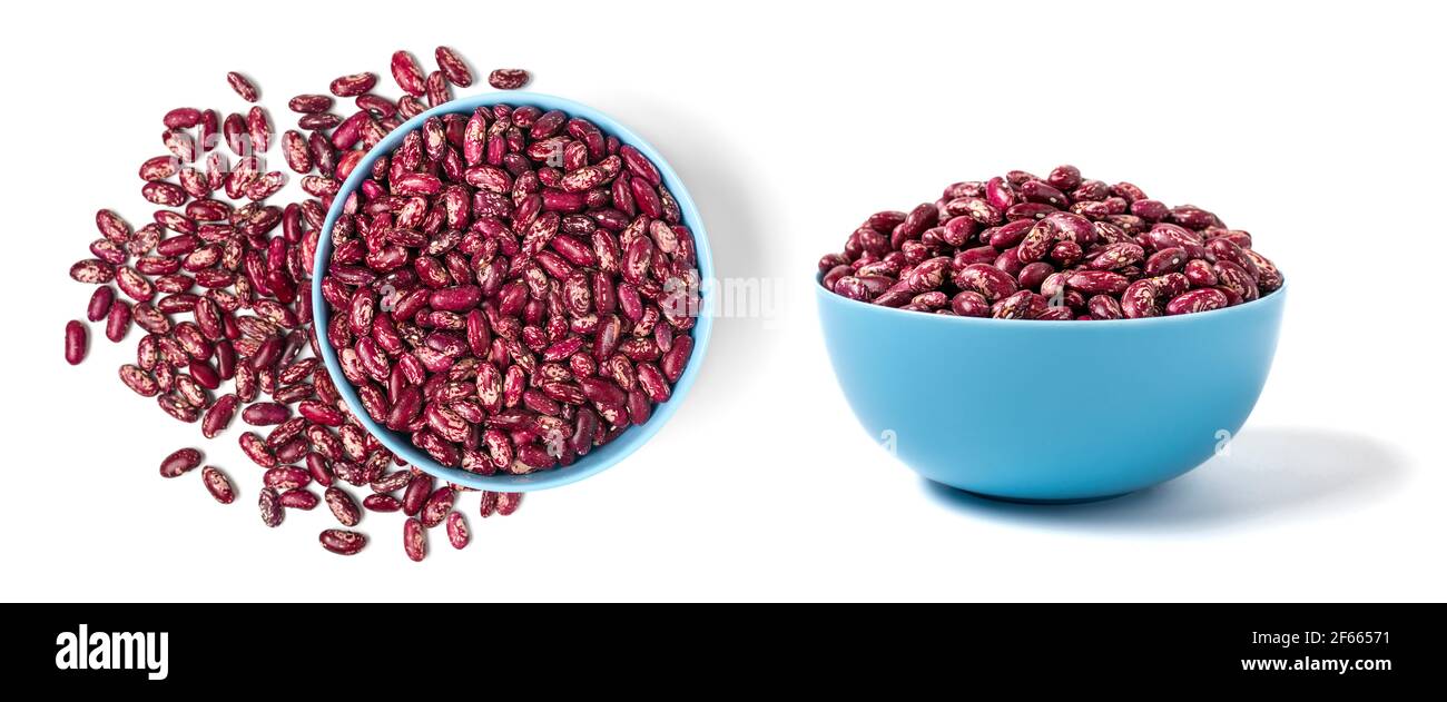 Red kidney beans in blue bowl isolated on white background Healthy eating, vegetable protein concept Flat lay Top view. Stock Photo