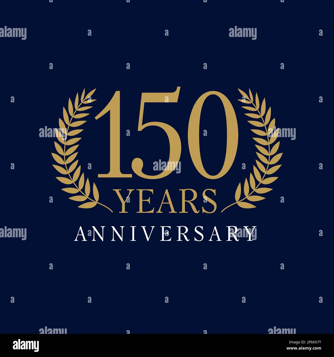 150 years old luxury logotype. Congratulating 150th numbers, heraldic gold color frame. Congrats concept. Celebrating tradition one, five and zero dig Stock Vector