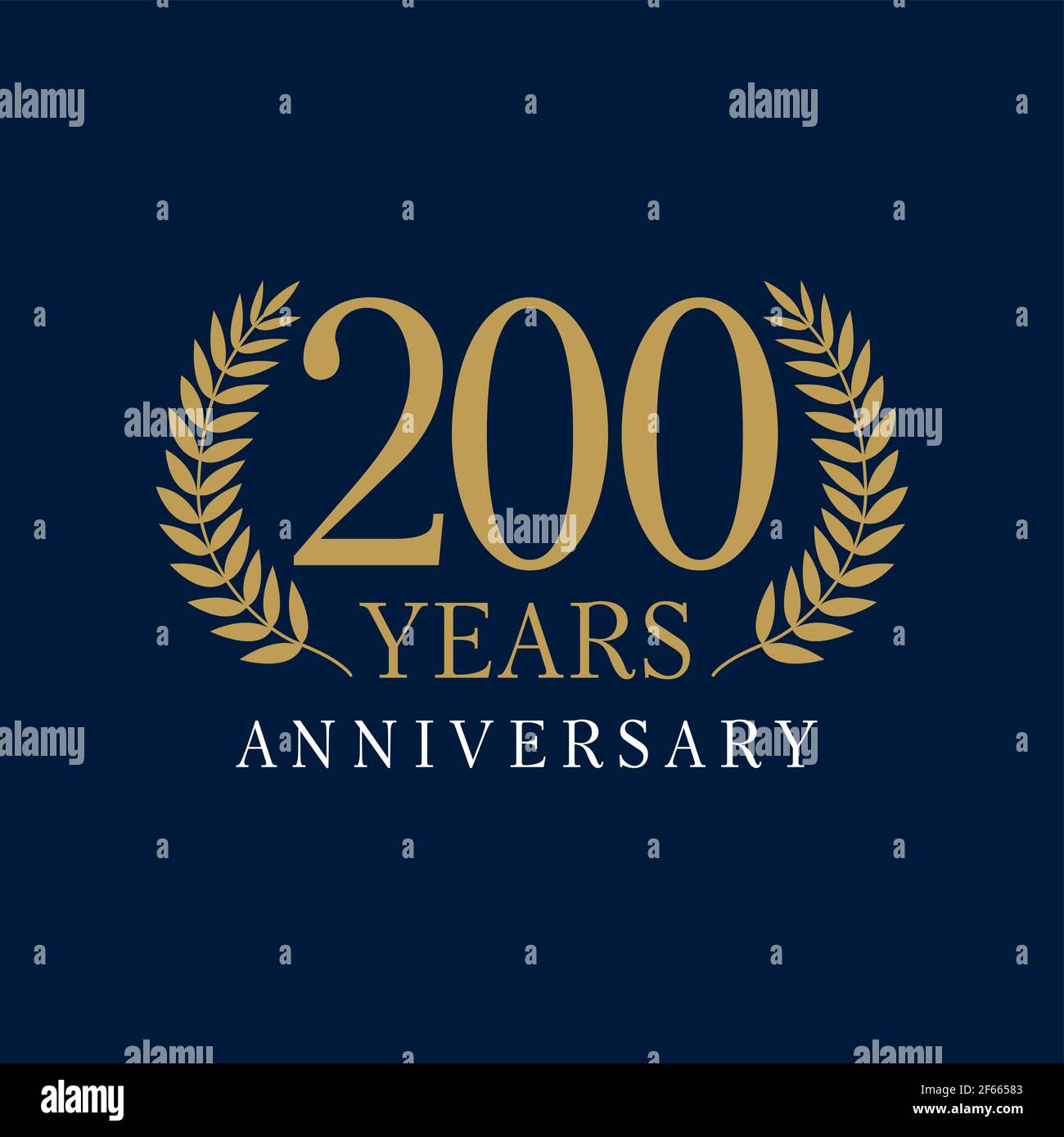 200 years old luxury logotype. Congratulating 200th numbers gold color framed in palms. Heraldic congrats concept. Celebrating two, zero digits, first Stock Vector