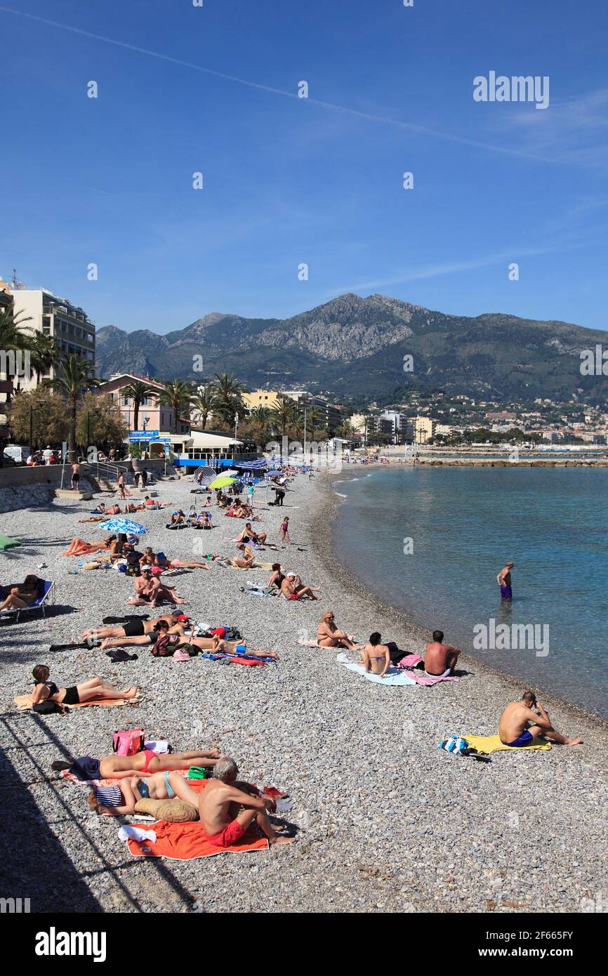 Plage du Borrigo, Beach, Menton, Cote d'Azur, French Riviera, Alpes-Maritimes, Provence, France, Europe Stock Photo